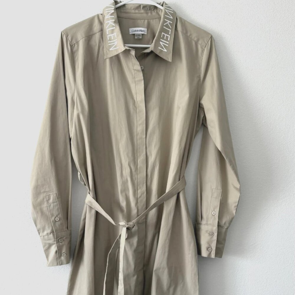 Calvin Klein Beige Belted Logo Collar Long Sleeve Shirt Dress Large NWOT